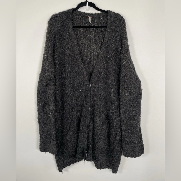 Free People Alpaca Wool Blend Sweater Size Large Grandpa Cardigan Oversized Gray - Picture 2 of 10